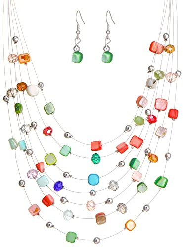 FULU AUTUMN Boho Mehrschichtige Perlenkette Damen Perlen Statement Kette und Ohrringe Set Modeschmuck für Mütter Frau Oma Mode Geschenke