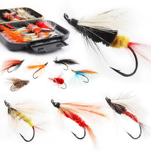 Fliegen-Sortimentset für Fliegenfischen, trockene und nasse Nyphmen, Tenkara, Popper, Luftschlangen, Wolly Bugger für Forelle, Barsch, Lachs, Stahlkopffisch, mit Fliegenbox