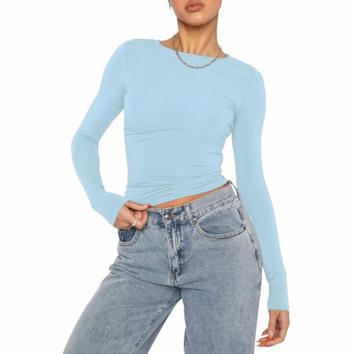 Kukeyiee Top Casual da Donna Slim Fit Top Girocollo Manica Lunga T-Shirt Aderente Camicetta di Base Tee Tops(Sky Blue-9,L)