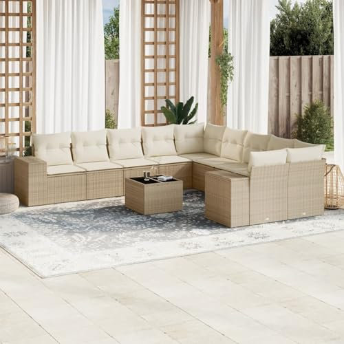 SECOLI Rattan Gartenlounge Con Stauraum XXL Loungemöbel Set Terrassenmöbel Loungesofa Sitzgruppe Rattan Ecklounge Gartenmöbel Set Balkon Möbel Beige 11-tlg-Type-264