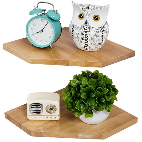 Gieanoo Eckregal Hängend, 2er-Set Eiche Massivholz Eckregal Wandregal Holz Vintage Landhausstil Regal für Schlafzimmer Wohnzimmer Diamantform mit Drahtloch