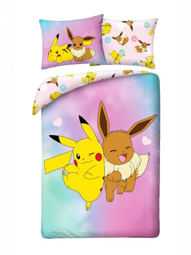 Pokemon Pikachu und Eevee – Bettwäsche Bettbezug 140 x 200 cm + Kissenbezug 70 x 90 cm – wendbar – 100% Polyester – Mehrfarbig