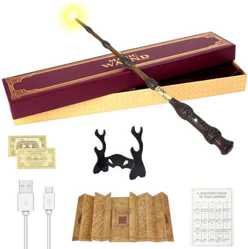 Baguette de sureau Dumbledore de 38 cm Lumineuse avec Recharge USB, Baguette Magique Dumbledore dans Un Coffret Cadeau avec Carte, Ticket de Station, Carte et Support