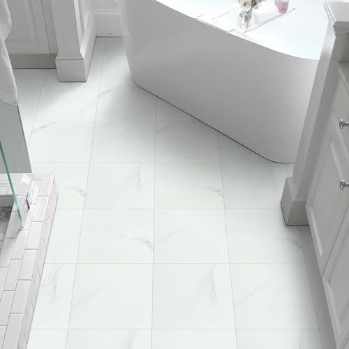 Floor Tiles Self Adhesive, Vinyl Flooring Peel and Stick Floor Tiles Waterproof for Kitchen Bathroom and Living Room DIY White Marble, 30x30cm 10pcs(0.9㎡)