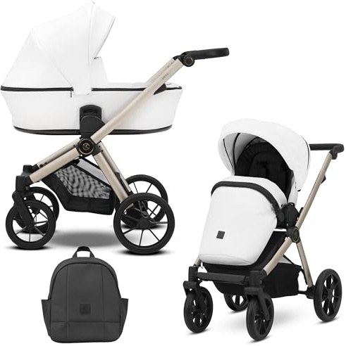 Kunert Brav - Cochecito 2 en 1 para bebé, asiento deportivo, reversible, marco de aluminio, diseño ligero, cubierta para lluvia, mosquitera, portabotellas, mochila (White Eco)