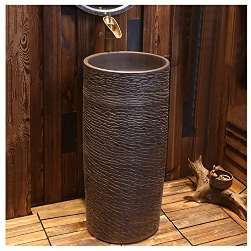 GLJTUO Pedestal Sink Handcrafted Ceramic wash Basin Pedestal washbasin Kaolin Clay Round Freestanding Sink with Drain & Faucet for Indoor and Outdoor,G, (E With mirror)