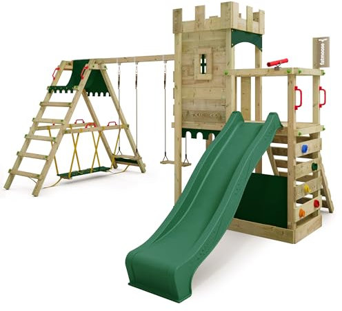 FATMOOSE Spielturm Ritterburg BoldBaron Boost XXL mit SurfSwing, Schaukel & grüner Rutsche, Outdoor Kinder Kletterturm mit Sandkasten Leiter & Spiel-Zubehör für den Garten