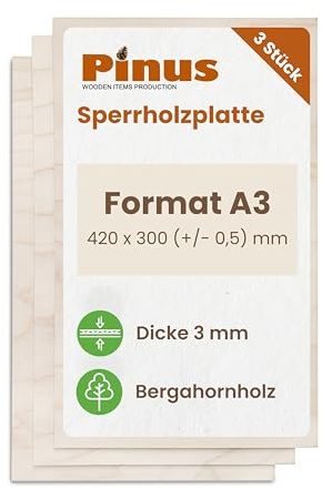 Pinus Sperrholzplatte A3 3mm 3 Stück 420x300 mm Bergahorn | 3 mm Stärke, Multiplex, B/B Qualität, glatt geschliffen, für Laser CNC Pyrographie Modellbau Dekor