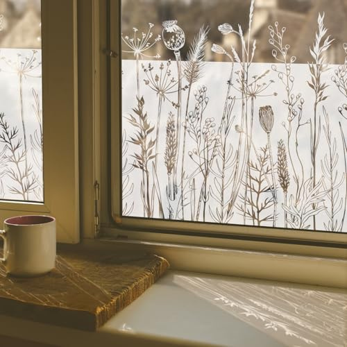 ChicSkin Fensterfolie reines weißes Gras, Blumen Blickdicht 39x150cm | Sichtschutzfolie fenster, Wiederverwendbar statische fensterfolie,Geeignet für Wohnzimmer, Küche, Schlafzimmer, Bad