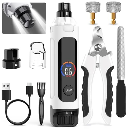 Dog Nail Grinder 6-Speed with LED Display, Dog & Cat Nail Clippers and Trimmers, Pet Nail Grinder with 2 LED Lights - Super Quiet Rechargeable Claw Trimmer for Large Medium Small Puppy Dogs/Cats