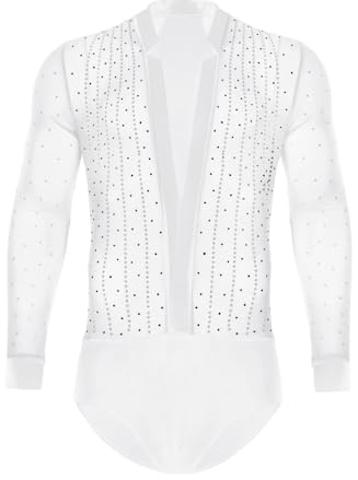 CHICTRY Hemd Body Herren Latein Einteiler Turnanzug Glitzer Strass Samba Rumba Jumpsuit Langarm Overall Mit Tief V-Ausschnitt