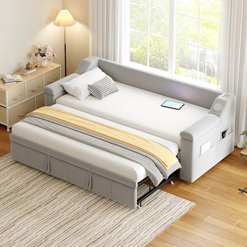 Huayz Polsterbett Ausziehbares Schlafsofa 90/180 x 200 cm,Tagesbett Mit Smart Bluetooth-Stereoanlage Mit USB-Ladeanschluss,Seitentasche,Einzelbett/Doppelbett,Samtstoff,Ohne Matratze (Hellgrau)