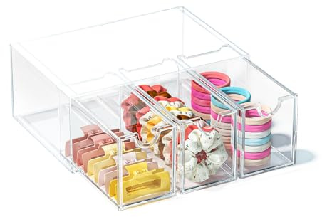 JDOTL Organizador de accesorios para el cabello para niñas, acrílico transparente para el pelo, clip de pinza con 3 cajones, bonita caja de almacenamiento apilable para baño, tocador y encimera