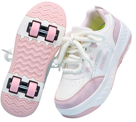 Surwin Kids Roller Skate Shoes for Girl Boy, Four Wheels Trainer Roller Skates Adult Teenager Unisex with Retractable Rear Wheels, Lightweight Outdoor Running Sneakers (Pink,4)