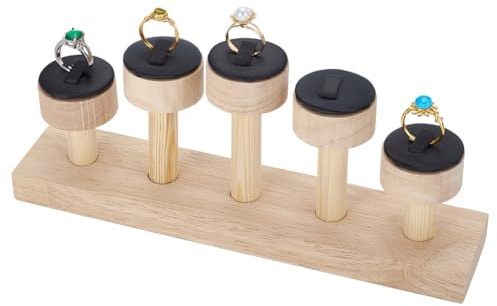 FINGERINSPIRE Support à bagues en bois à 5 emplacements 24 x 5 x 10.1 cm Présentoir à Bagues en Bois avec Anneaux en Cuir PU Noir Support de Rangement pour la Maison et le Commerce de Détail