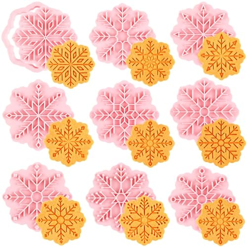 9-Piece Christmas Cookie Cutter Set – Snowflake & Festive Plastic Biscuit Moulds with Stamps for Holiday Baking & Decorating