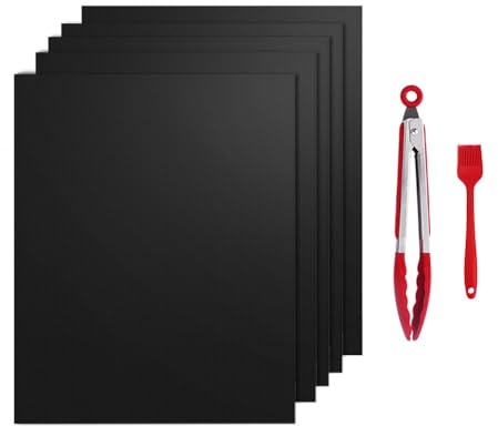 BBQ Grill Mat Set of 5 for Outdoor Grill, Non Stick Barbecue Baking Mats for Baking on Gas, Charcoal, Oven & Electric Grills Sheets 40x33 CM with 12 BBQ Tongs and Silicone Brush