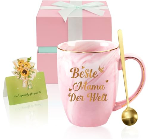BeBeiZi Geschenk für Mama, Beste Mama der Welt Tasse, 500 ml Marmor Kaffeebecher mit Goldaufdruck, Deckel, Löffel & Grußkarte, Geschenkidee für Mutter zu Muttertag oder Weihnachten in Geschenkbox