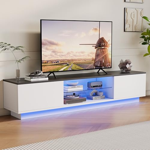 MASAJIA Mobile TV LED, mobile TV scandinavo, con 2 ante e ripostiglio aperto, tavolo da soggiorno, armadio basso in legno e vetro, design moderno, bianco+nero, 160 x 32 x 42 cm
