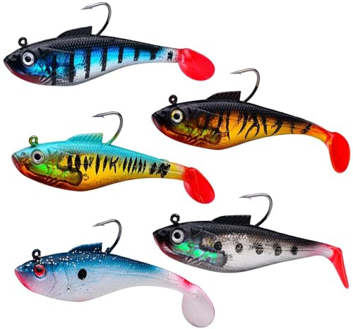 Eulihent 5 Stück Angelköder Set Gummifisch mit Jigkopf Gummifische Zander Köder Gummifische für Hecht Forelle Barsch Silikonköder Kunstköder Angel-Jigs Schleppköder für Süß und Salzwasser (8 cm)