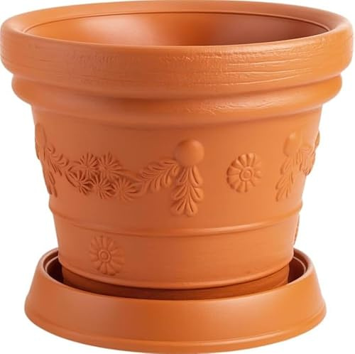 BirnePower Blumentopf Massiv Ø 57cm (52L) – Pflanzkübel mit Untersetzer, Blumenkübel Kunststoff Terrakotta Optik, Pflanztopf Wetterfest & Frostsicher für Garten & Innen