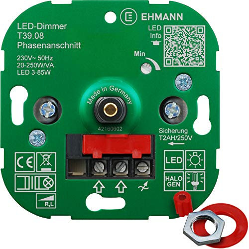 Ehmann 3900x0800 Dimmer da Incasso, Taglio di Fase, 230 V, 50 Hz, Potenza: LED 3-85 W, 20-250 W/VA, con Adattatore per Programmatore di commutazione