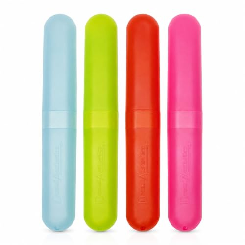4 x Zahnbürstenetui Reiseetui ~ Kunststoffhalter, Saubere Bürsten im Urlaub (Rosa, Blau, Orange und Grün)