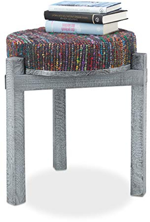 Relaxdays Hocker Pouf 2in1, handgewebt, gepolstert, wandelbarer Beistelltisch massiv, rund, Holzbeine, HBT 45,5x44x44 cm