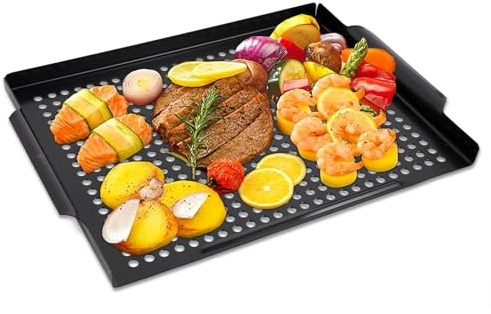 MEHE Vegetable Grill Basket,Nonstick Grill Pan 14.6 x11.4 Thicken Grilling Topper BBQ Accessory for Grilling Veggie, Fish, Shrimp, Meat, Camping Cookware (No Hand)