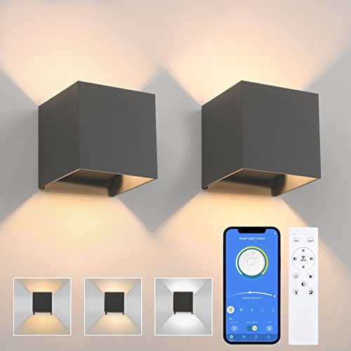 K-Bright Lámpara de pared inteligente de 2 piezas, regulable 3000K-6000K, con control remoto, ángulo de haz ajustable, IP65 para interiores/exteriores, gris oscuro | 3000K-6000K Modern Up Down Wandbeleuchtung ,Einstellbare Abstrahlwinkel Wasserdicht IP65 wandleuchte für Innen/Draußen