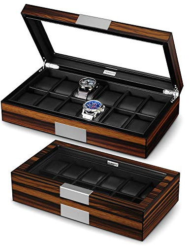 Lifomenz Co Uhrenbox für 12 Uhren für Herren, Holz, Luxus-Uhrenbox mit großem Glasfenster, Uhren-Organizer-Box mit ultraglattem PU-Leder innen