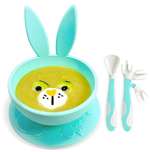 Brunoko Baby tallrik halkfri sugplatta + haklapp silikon (Grön baby sugskål + baby bestik)