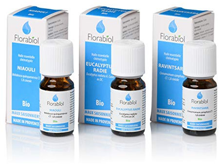 Florabiol | Huiles Essentielles BIO | Eucalyptus radié - Niaouli - Ravintsara | 3 x 10 ml | Pure et Naturelle | Aromathérapie et Diffuseur | Maux Hivernaux et Rhumes | Pack Hiver