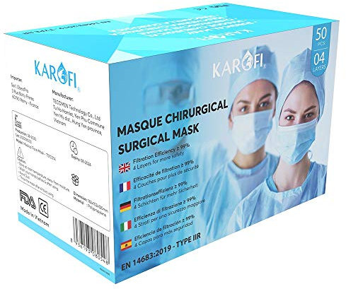 KAROFI - Mascherine Chirurgiche TIPO IIR (II R, 2R) MEDICO, 4 STRATI, BFE > 99%, testate e approvate, certificate CE EN14683 : 2019, pacco da 50