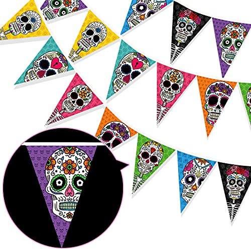 HOWAF Bannière du Jour des Morts, Bannière Fiesta Mexicaine, Multicolore Halloween Dia De Los Muertos Crâne Banderole Guirlandes de Fanions Drapeaux de Triangle Décorations Cinco de Mayo Fête