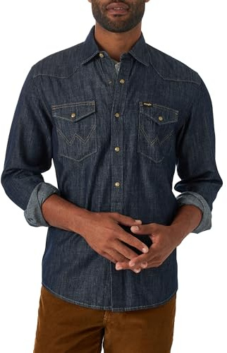 Wrangler Ikonisk denim regular fit snap skjorta skjorta med button-down-krage, Rinse denim, L