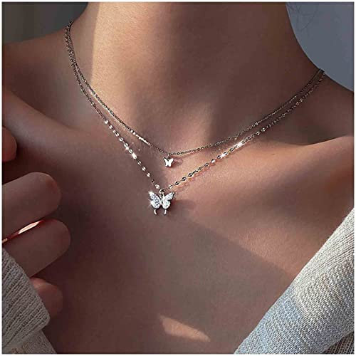 Cimenexe Bohème Schmetterling Anhänger Halskette Choker Silber Kristall Choker Halskette Geschichtet Spitze Kette Halskette Insekt Kette Halskette Schmuck für Frauen