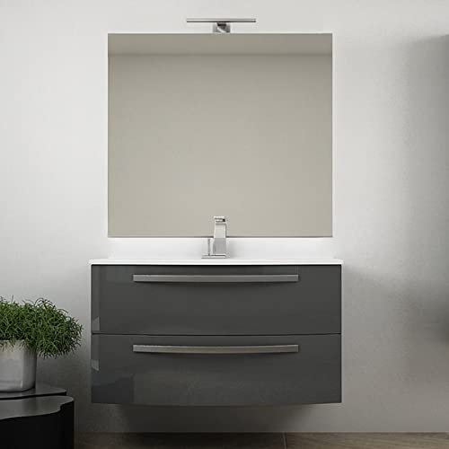 Yellowshop - Mobile bagno curvo sospeso 100 cm 2 cassetti con lavabo - specchiera con luce led (opz.) Baden House STELLA Antracite (Composizione completa)