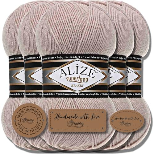 Hobby YARN 3x Etikettenlabel mit Alize Superlana Klasik Wolle Premium 5x100g als Set, Yarn, Garn, Strickgarn, Einfarbig, Baby, zum Häkeln, Stricken, Kleidung, Schals (Stone - 506)