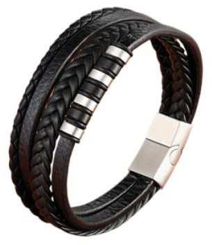 Leder Armband,Herrenarmbänder Klassisches Mehrschichtiges Geflochtenes Lederarmband Silveryr Modeaccessoires Verschluss Schwarzes Lederarmband Charm Schmuck Für Damen Herren Geschenk 21Cm
