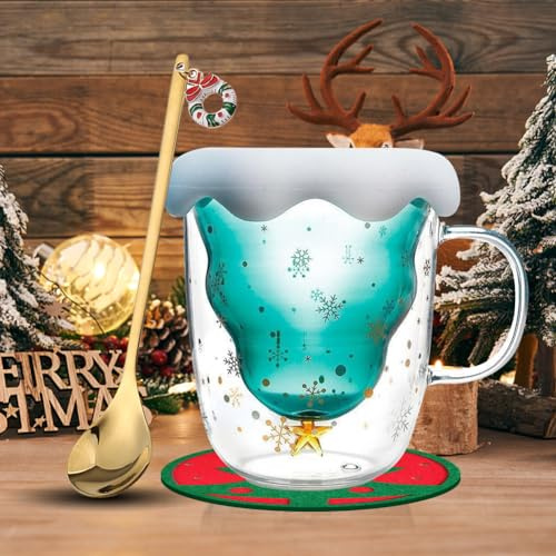 Yuragim Tassen Weihnachten Becher, 300ml Süße Weihnachtstasse Doppelwandige Gläser mit Deckel & Griff & Untersetzer, Weihnachtsbaum Kaffeetassen Espressotasse Weihnachten Geschenk für Eltern, Freunde