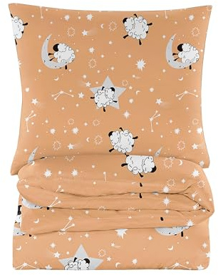 Cotton Market - Parure de lit 160x220 cm – Coton Microfibre – Ensemble 3 pièces – Housse de Couette 160x220 cm et 2 taies d’Oreiller 70x80 cm – Moutons, Orange