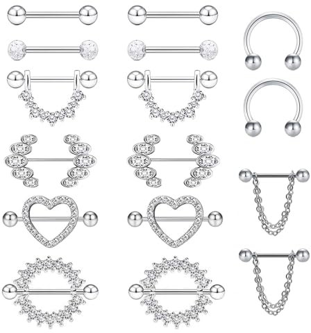 Uwiyo 8 Paar 14G Nippelpiercing für Damen 316L Edelstahl Nippel Piercing Brustwarzenpiercing Zungenpiercing Herz Hufeisen Kette CZ Barbell Piercing Körperschmuck, Silber