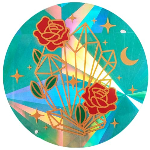GORGECRAFT 135mm Diameter Large Rainbow Window Clings Round Static Window Decals Gold Diamond Red Rose Print Suncatcher Stickers Anti-Collision Prism Film for Glass Sliding Door Prevent Birds Strikes