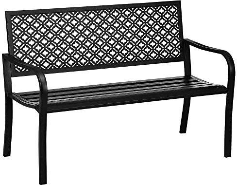 Outsunny Gartenbank Stahl, 2-Sitzer Parkbank mit Rückenlehne & Armlehne, Sitzbank mit Blumenmuster, für Garten, Balkon, max. 240 kg, Schwarz, 127 x 63 x 83 cm