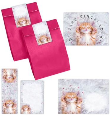 Minkocards 12 Einladungskarten zum Kindergeburtstag Mädchen Katze Einladungen zum Mädchengeburtstag incl. 12 Umschläge, 12 Partytüten/pink, 12 Aufkleber, 12 Lesezeichen, 12 Mini-Notizblöcke
