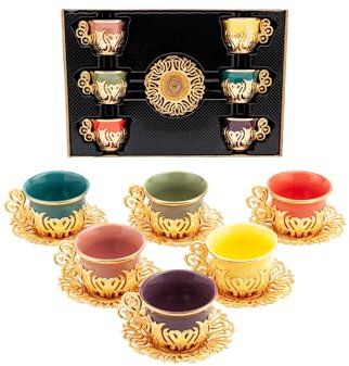 PARK & OZ Premium 12 Pc Turkish Greek Arabic Coffee Espresso Cup Saucer with Metal Holders Porcelain Set | Tea Serving Set for Women, Men, Adults, Guests or For Tea Party - Best gift idea