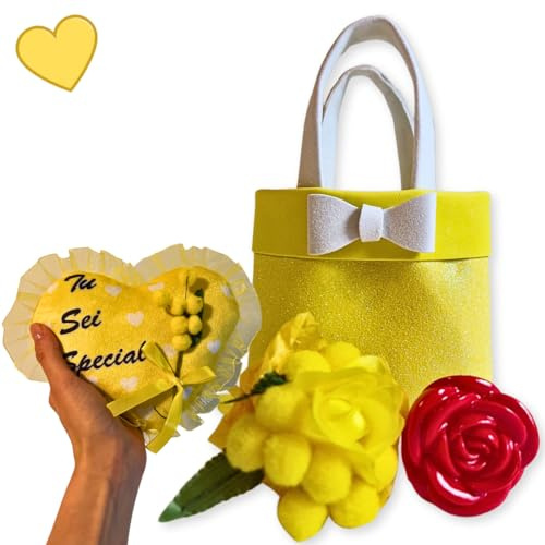 NARAMAKI® Idea Regalo Festa della Mamma 2025 - Borsetta Gialla + Bouquet Mimosa + Orsacchiotto + Rosa Rossa + Mimose Artificiali - Regalo Donna/Amica(Cuore)