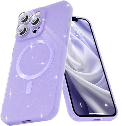 Micoden Magnetic Case per iPhone 15 Pro Max Custodia Glitter compatibile con MagSafe Wireless Charging Shock-Proof Camera Cover Glitter Silicone TPU Soft, Purple