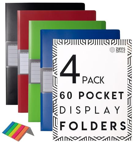 Ziffs Office® 4 x 60 Pocket A4 Display Folders - Premiun Folders with Plastic Pockets - A4 Folder - Display Book - Presentation Folders - 250 Sticky Labels Included - Project Folder - British Brand